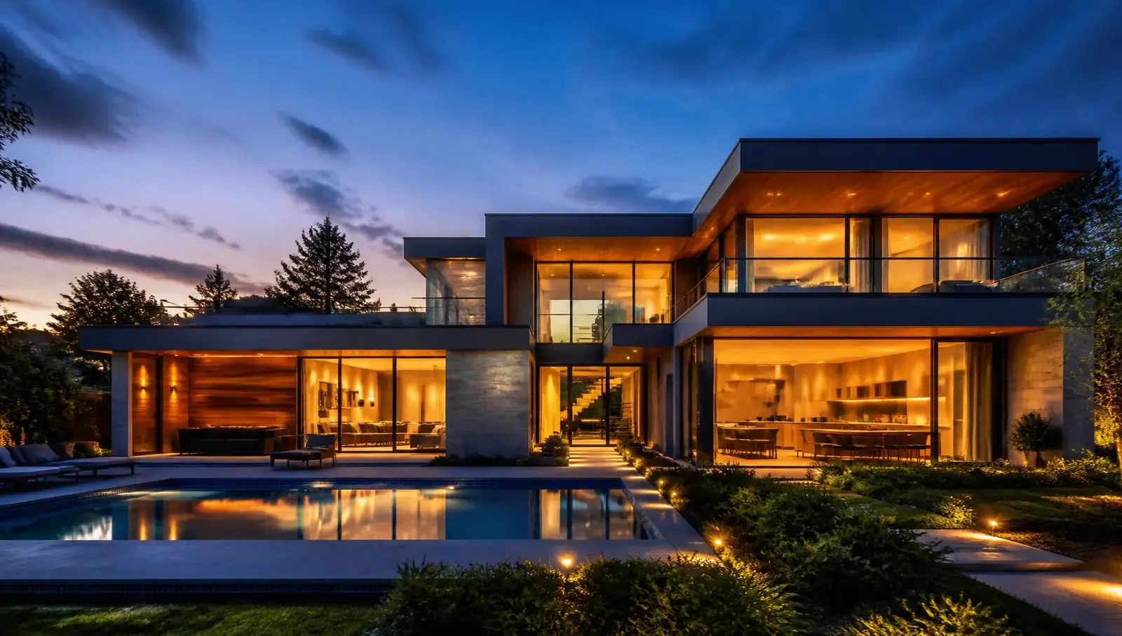 Modern Northern Virginia smart home lit at dusk
